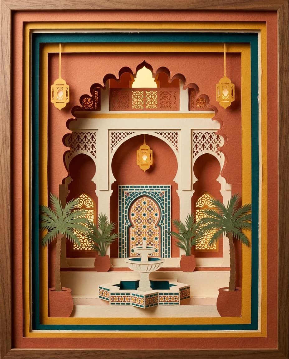 Backlit Paper-Cut Riad Courtyard