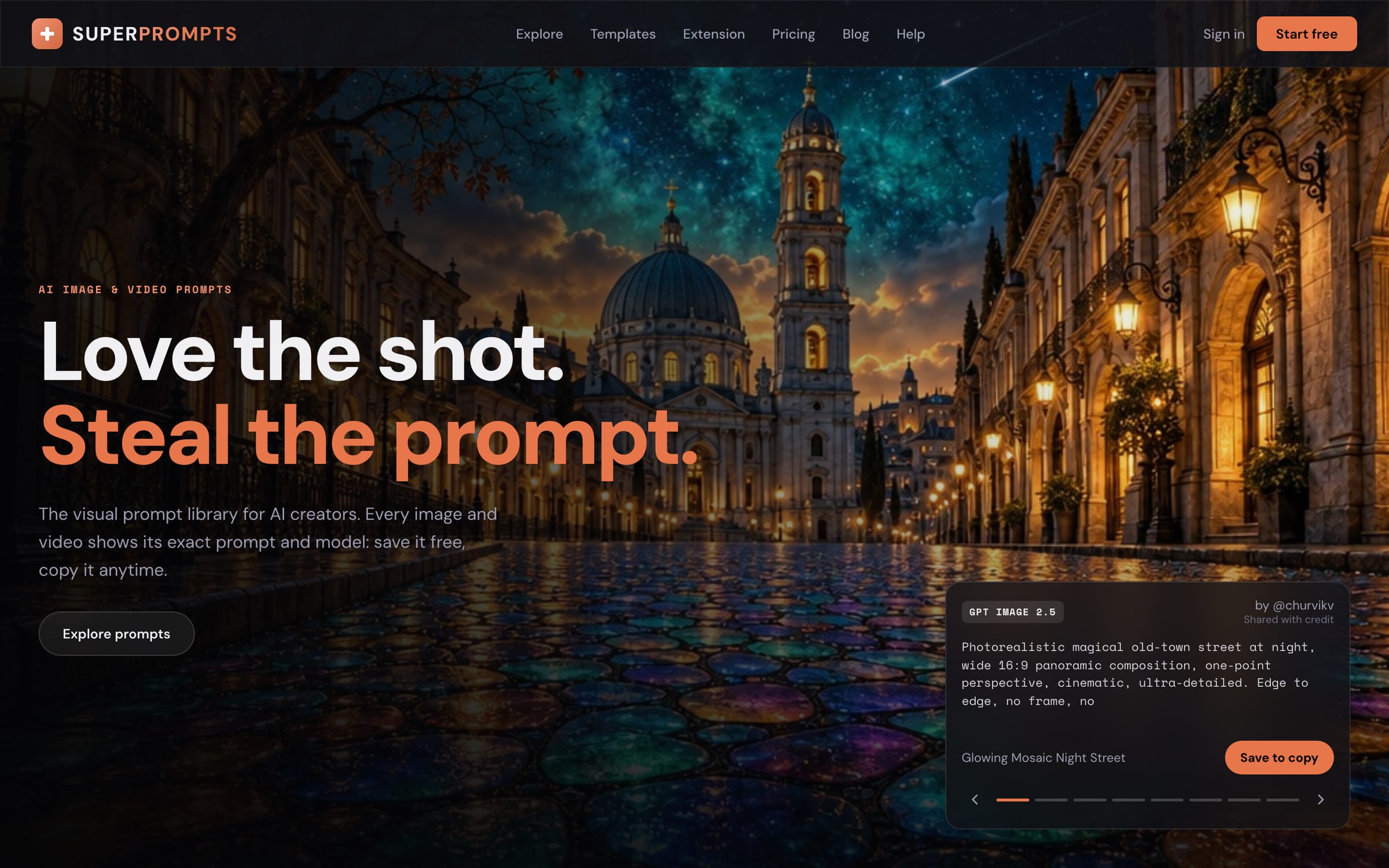 Super Prompts home page: a video with its prompt, model and creator credit