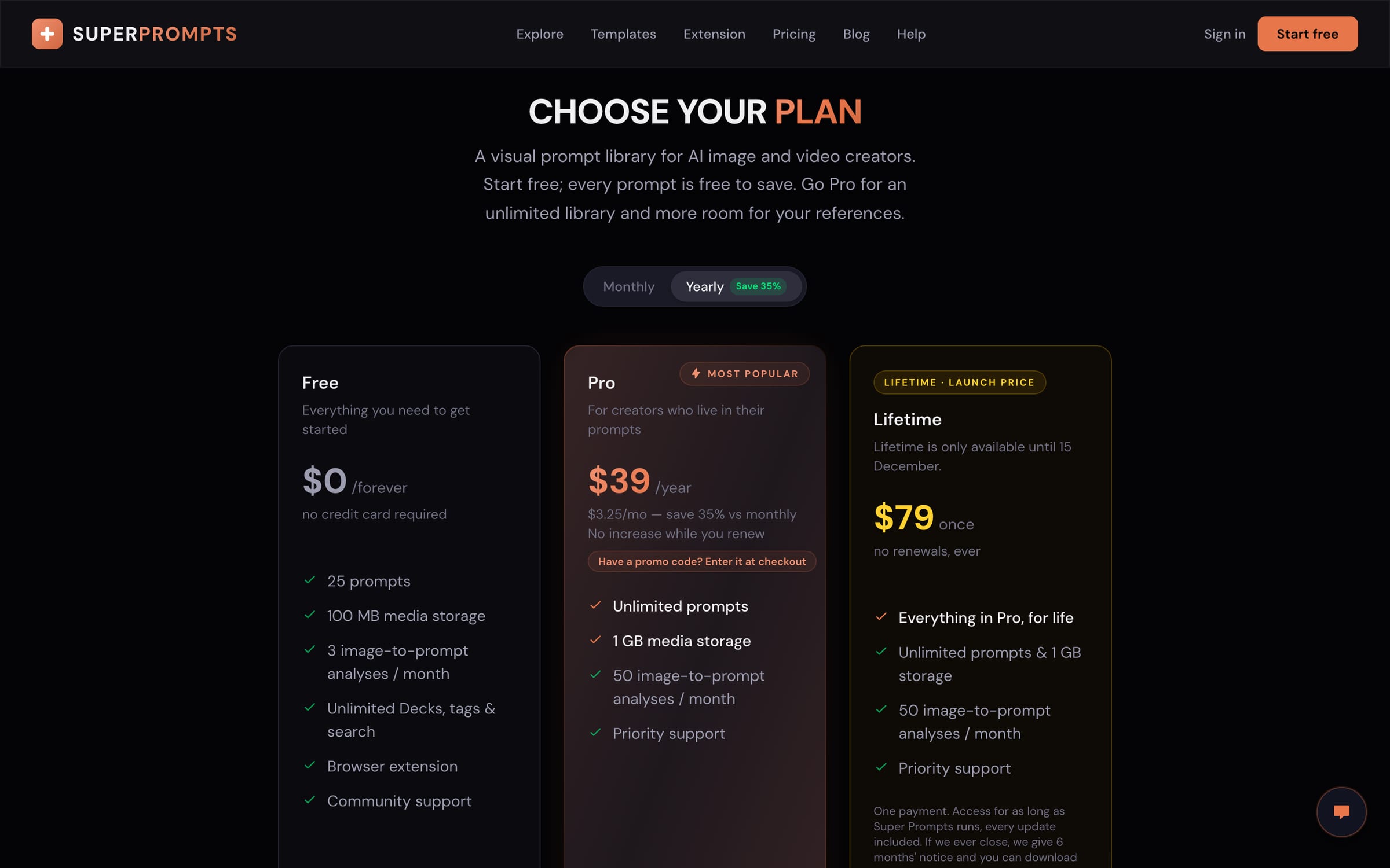 The Super Prompts pricing page