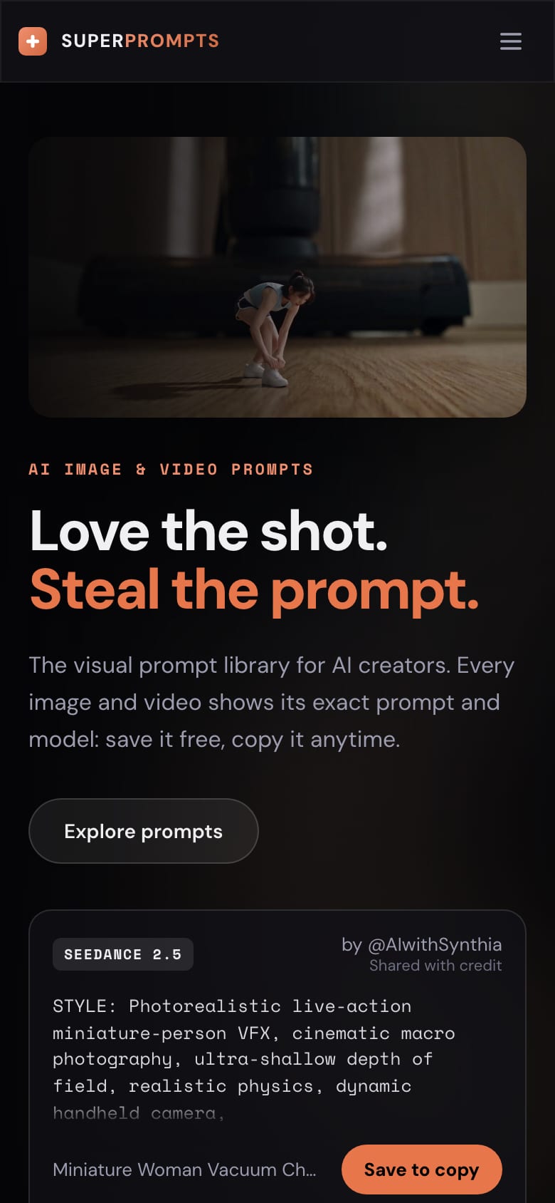 Super Prompts home page on a phone